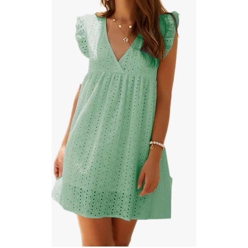 Mint Eyelet V-Neck Romper Dress